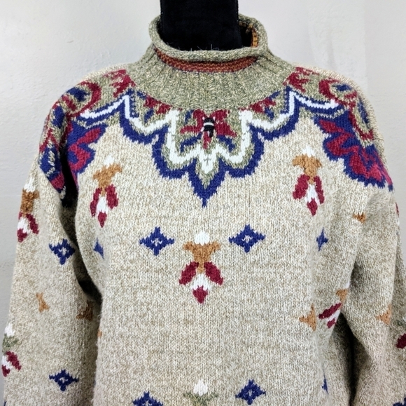 VTG Chunky Knit Mock Neck Wool Cottagecore Cozy Multi Pattern Sweater - Picture 2 of 7